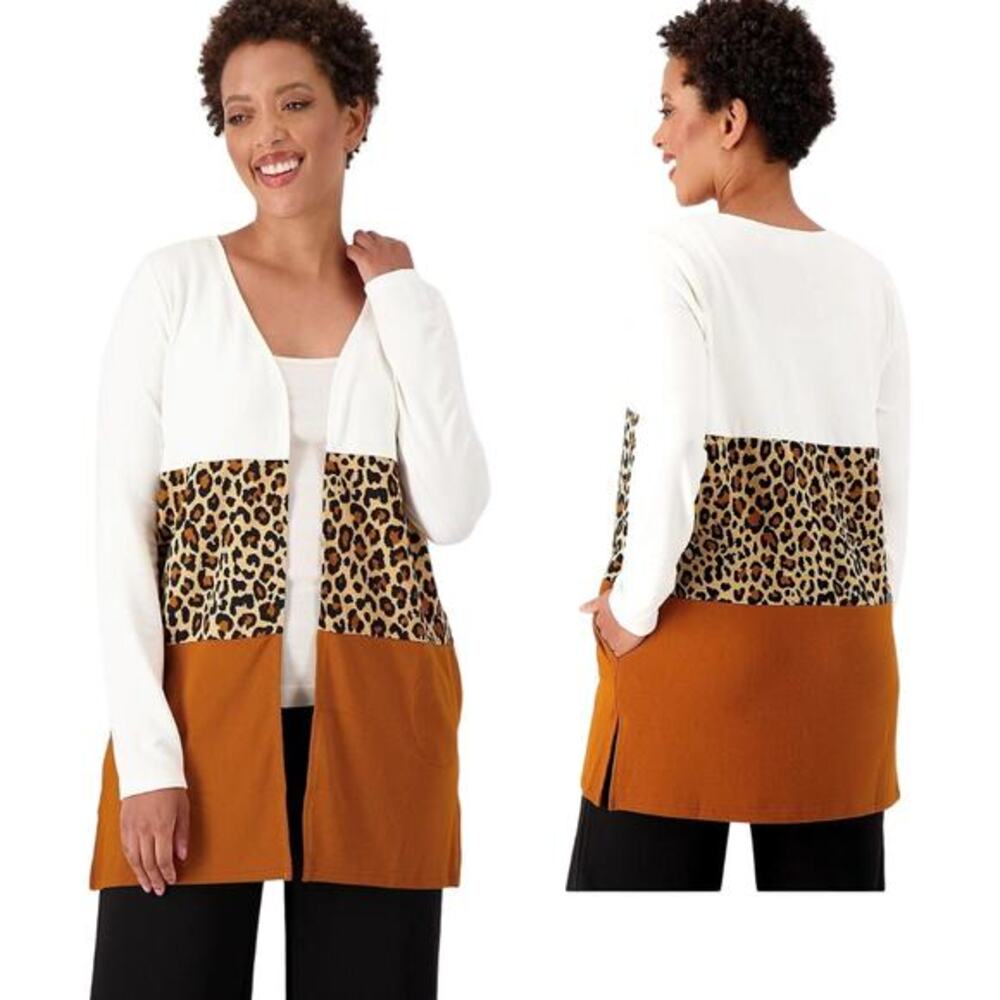 Belle by Kim Gravel Women's LP‎ Brown Animal Print Brushed Knit Duster Cardigan